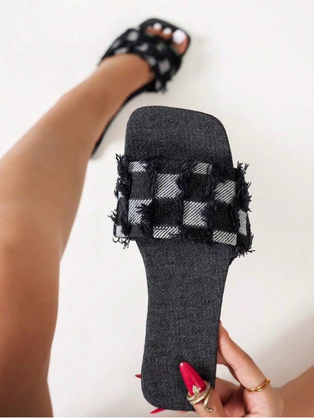 Black Checked Slide Sandals for Women